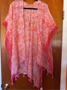 Lightweight Pink Printed Kimono Cover-Up with Tassel Trim